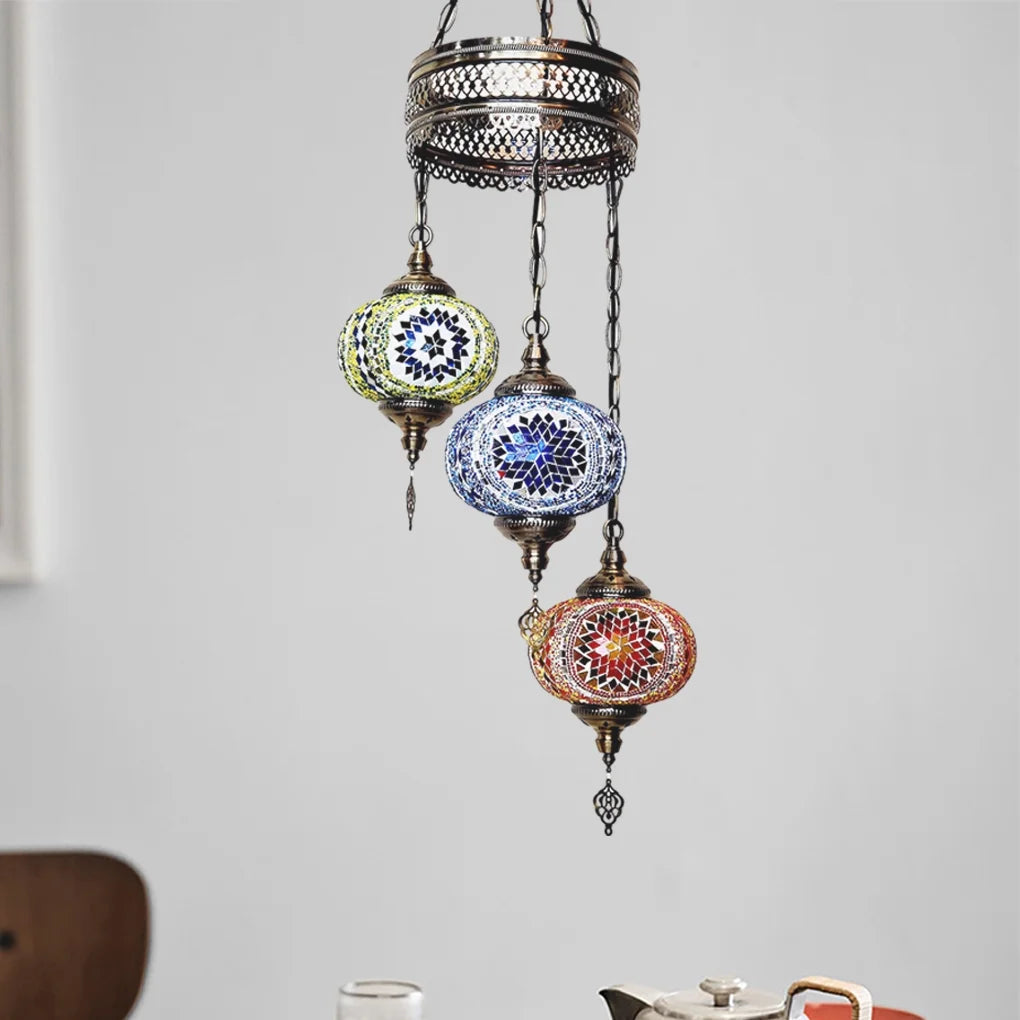 3 Globes Turkish Mosaic Lamp Chandelier Moroccan Hanging Light Fixtures Handmade Swag Light Exotic and Oriental Home Decor Light
