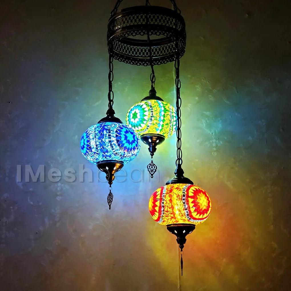 3 Globes Turkish Mosaic Lamp Chandelier Moroccan Hanging Light Fixtures Handmade Swag Light Exotic and Oriental Home Decor Light